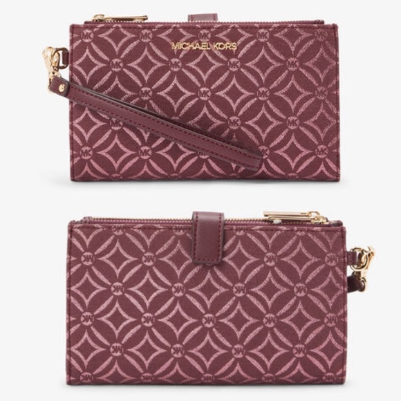 NWT Michael KorsJet Set Metallic Logo Jacquard Wristlet Wallet Oxblood $258